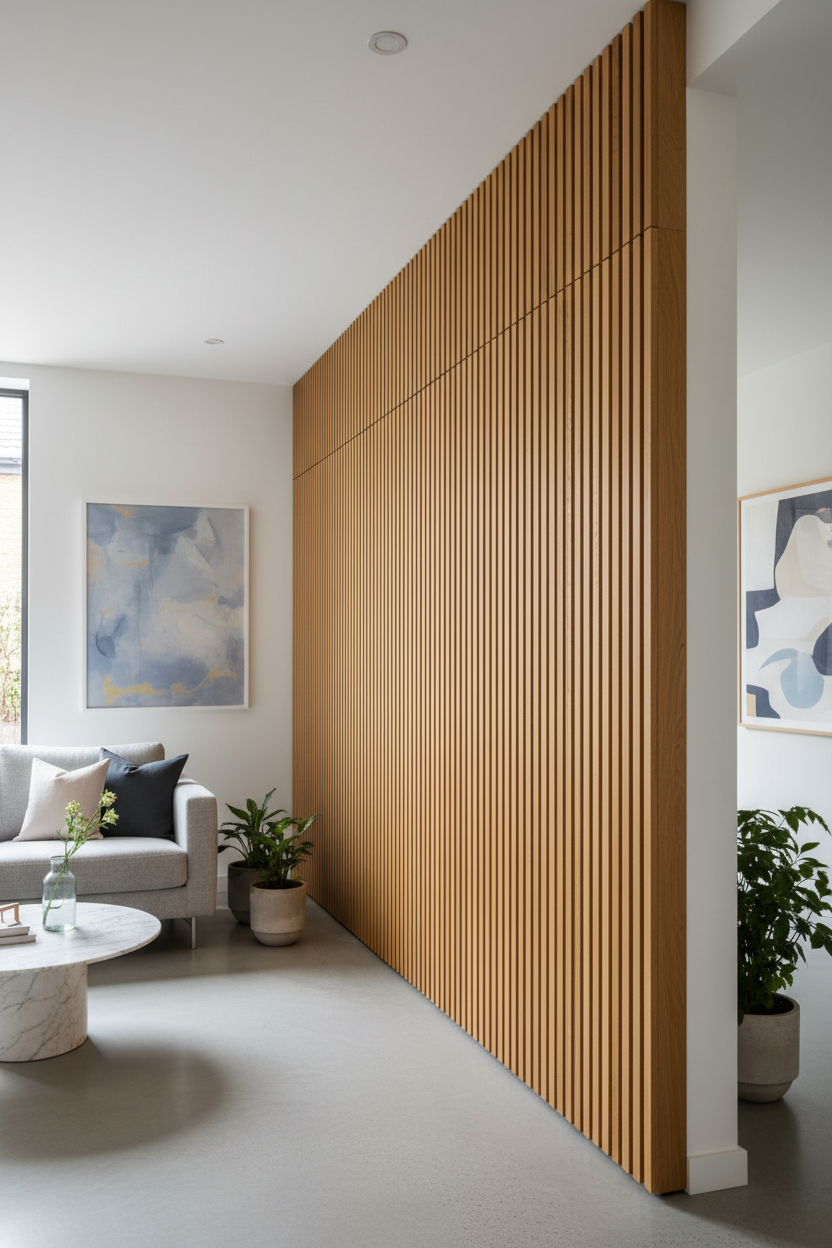 Teak Oak Premium Acoustic Slatted Wall Panel installed as a feature wall in a modern interior